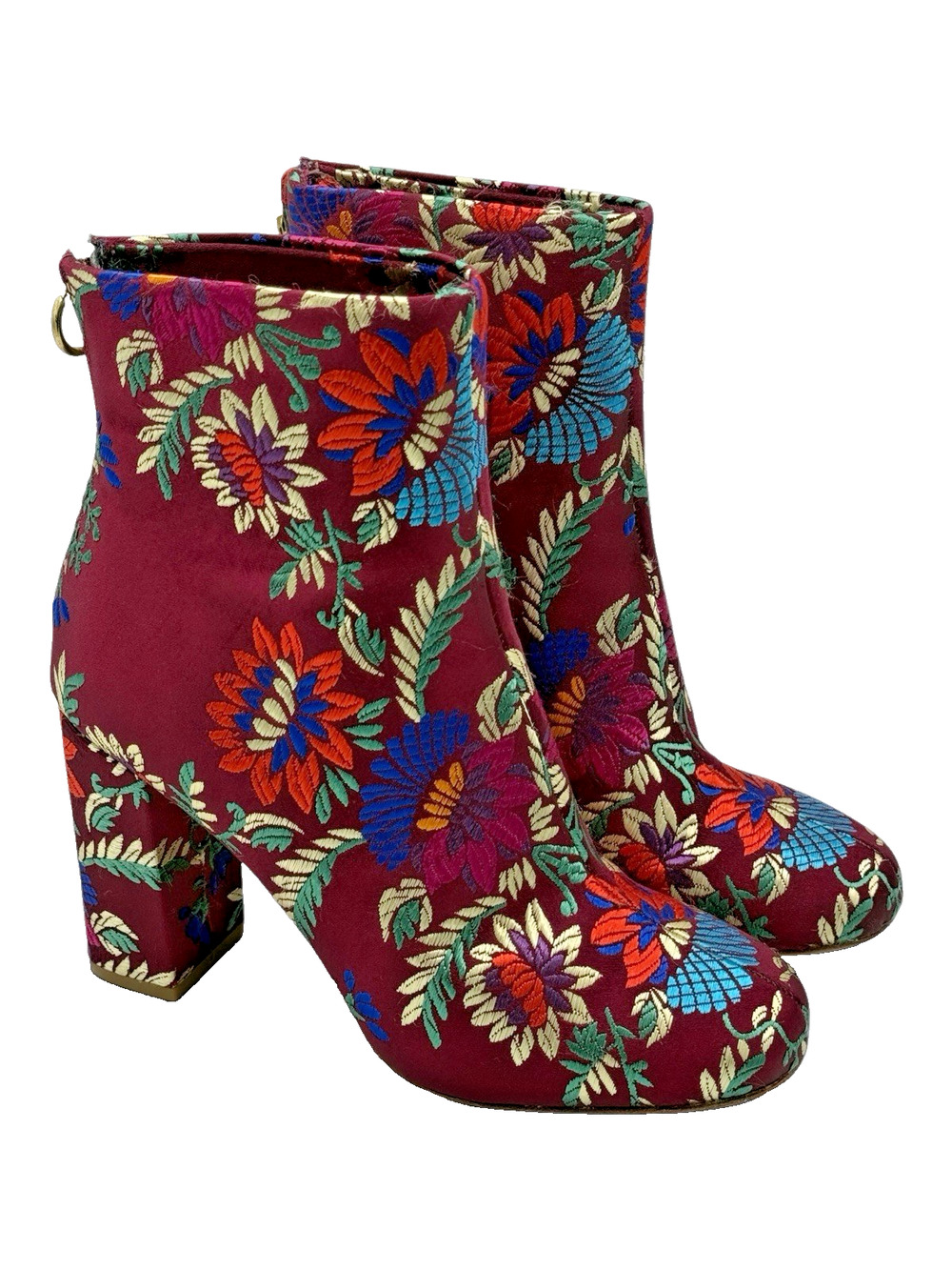 Joie Saleema Brocade Floral Embroidered Ankle Boots Plum Gold Zip 37.5 / 7.5